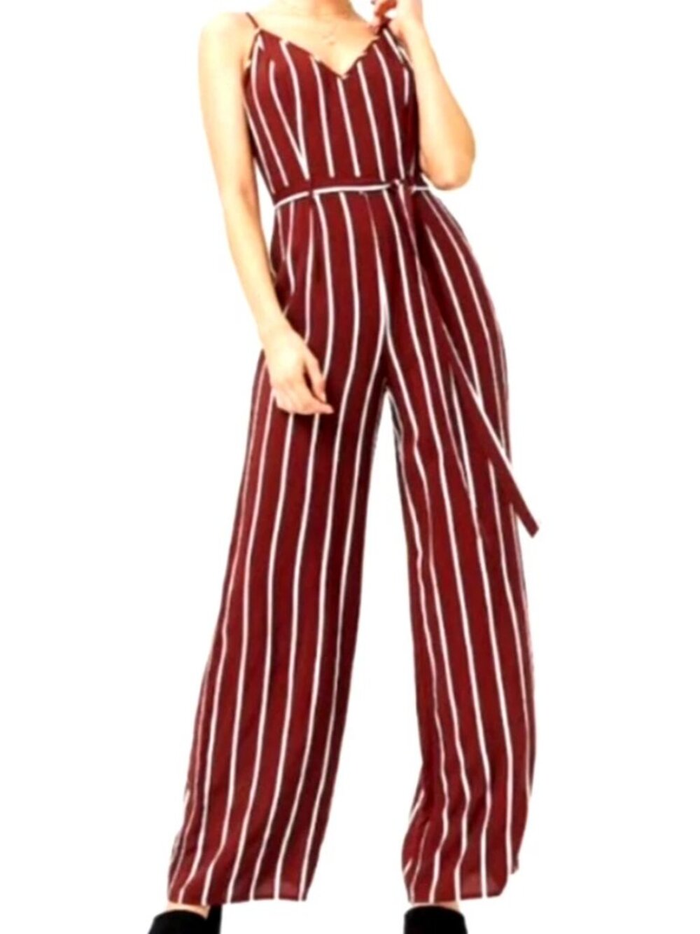 FOREVER 21 Size S JUMPSUIT WIDE LEG BURGUNDY WHITE STRIPES